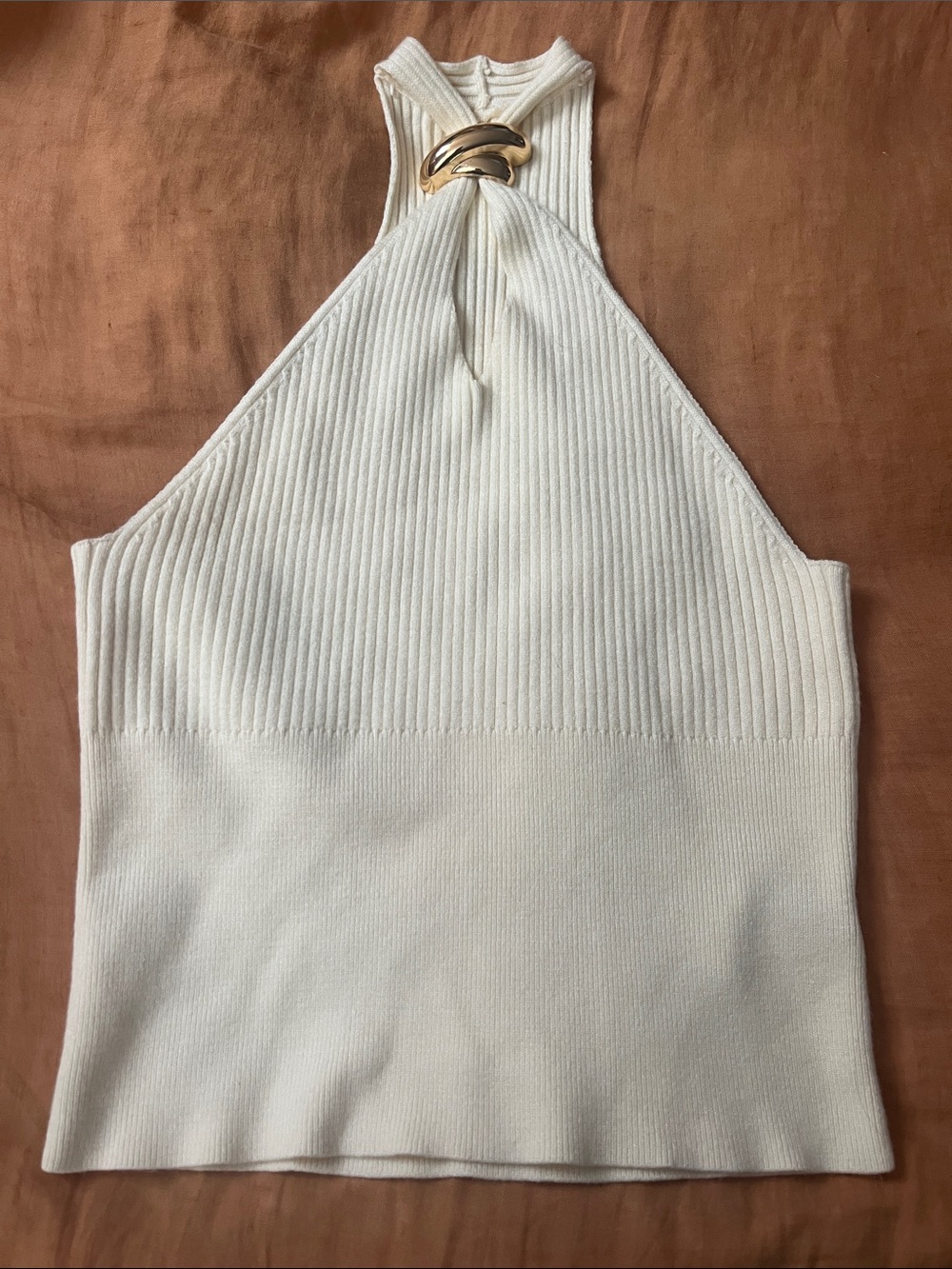 SHEIN Cream Ribbed Halter Tank Top with Gold Ring